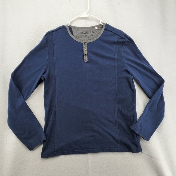 Guess Shirt Men's Long Sleeve Snap Up Henley Pullover Tee Blue Medium - Picture 2 of 12